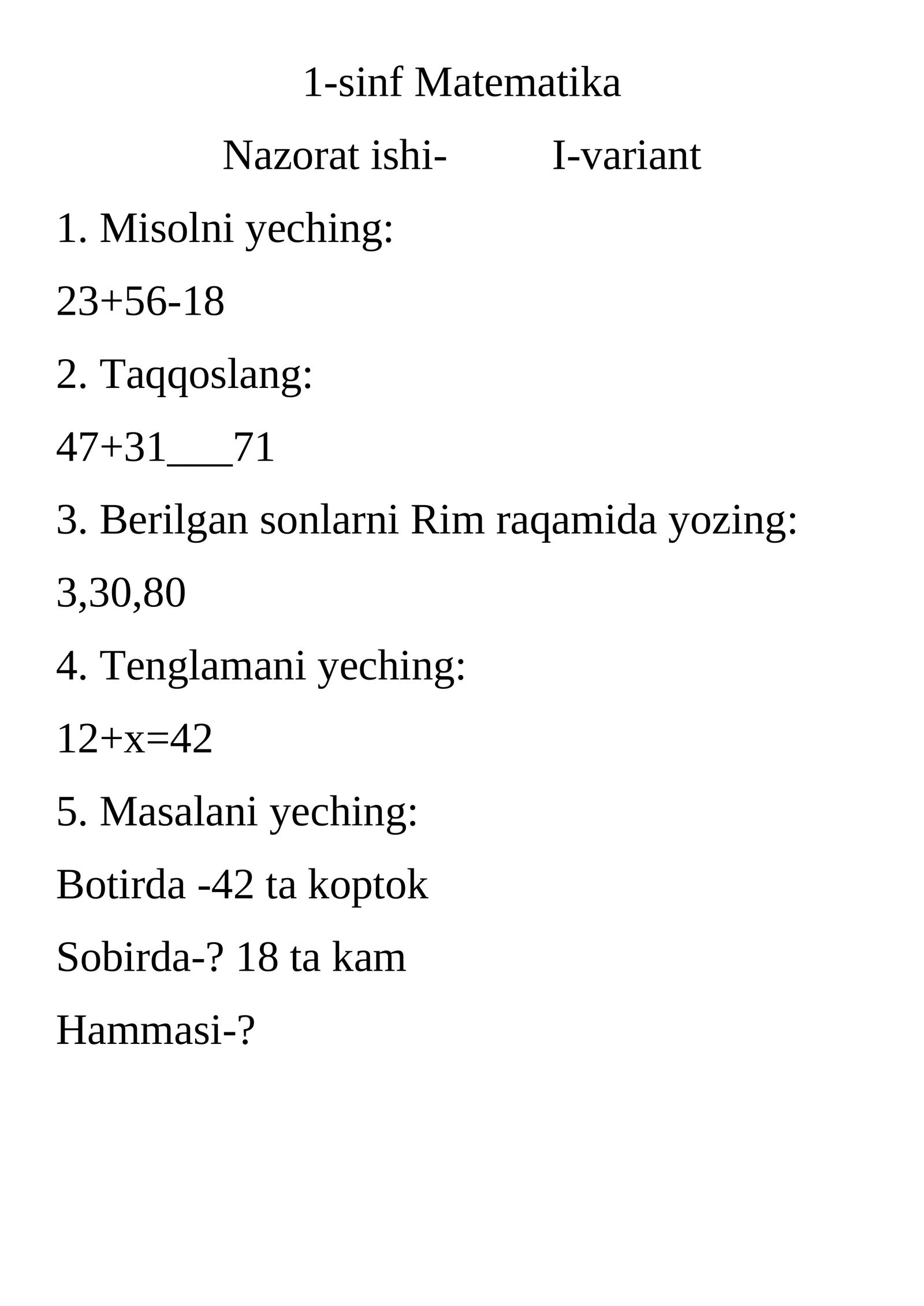1-sinf Matematika Nazorat ishi