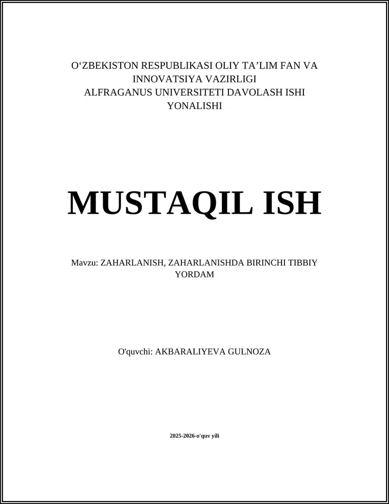 ZAHARLANISH, ZAHARLANISHDA BIRINCHI TIBBIY YORDAM