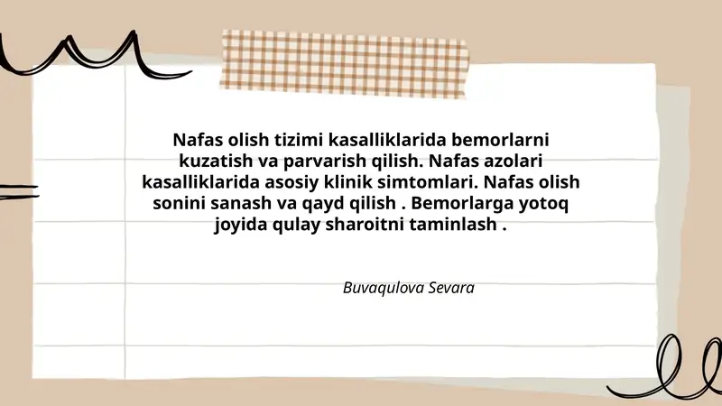 Nafas olish tizimi kasalliklarida bemorlarni kuzatish va parvarish qilish