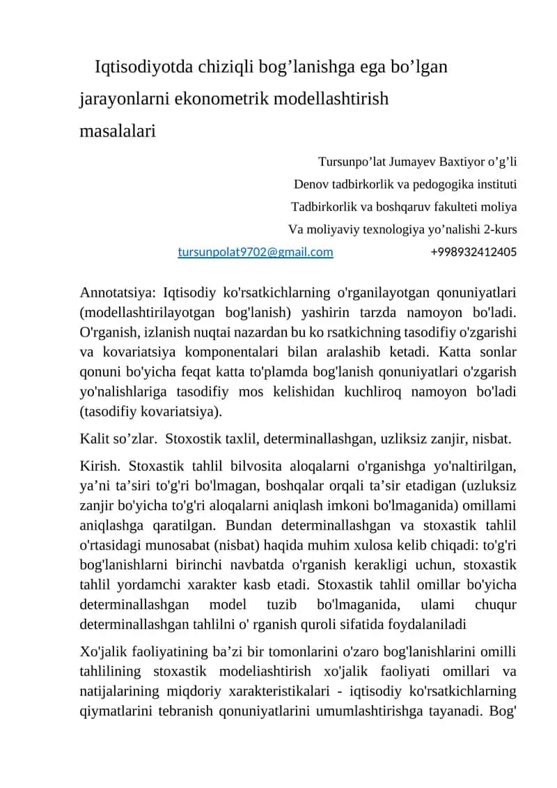Iqtisodiyotda chiziqli bog’lanishga ega bo’lgan jarayonlarni ekonometrik modellashtirish masalalari