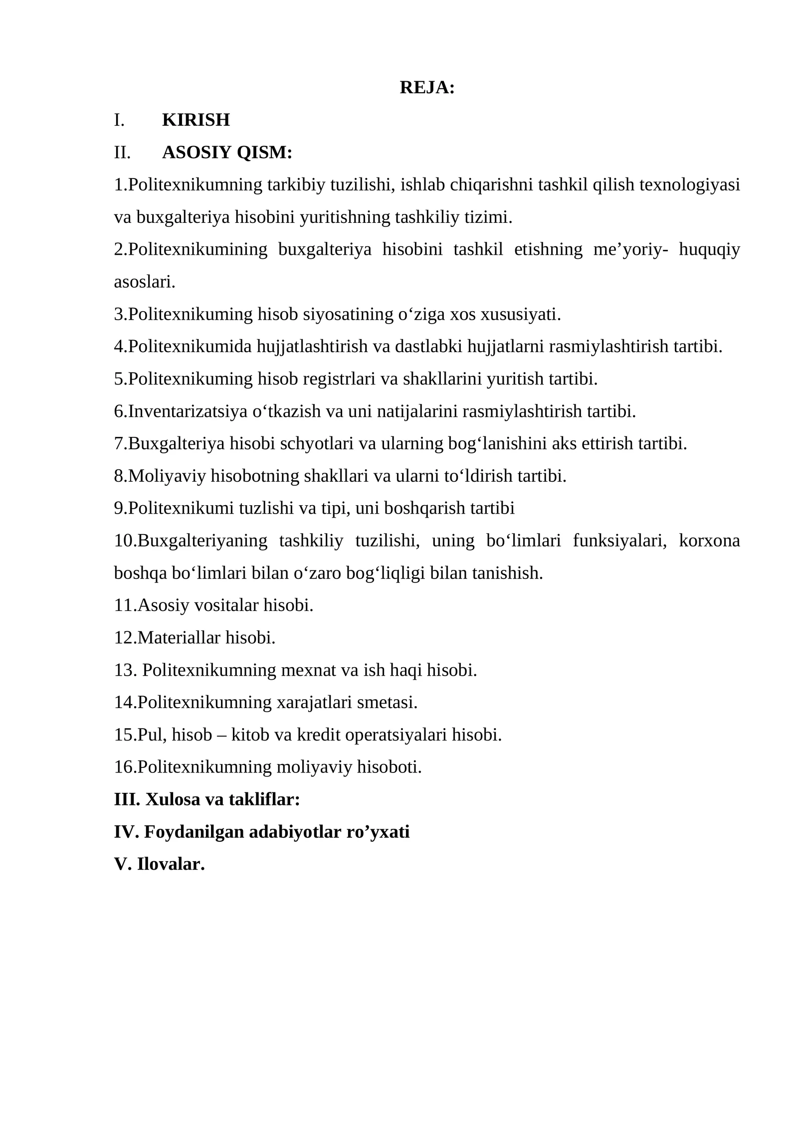 Politexnikumning buxgalteriya hisobini tashkil etishning me’yoriy- huquqiy asoslari