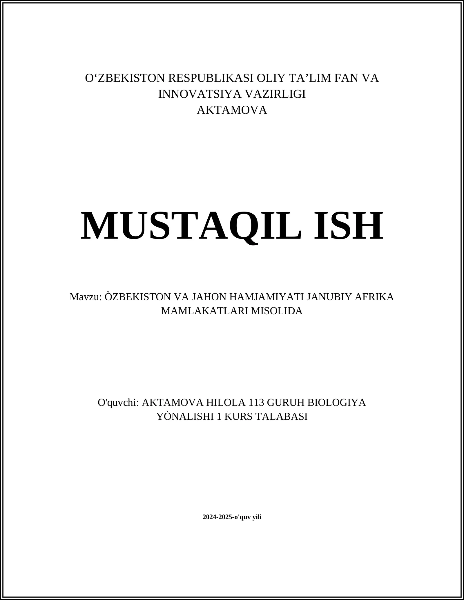 ÒZBEKISTON VA JAHON HAMJAMIYATI JANUBIY AFRIKA MAMLAKATLARI MISOLIDA