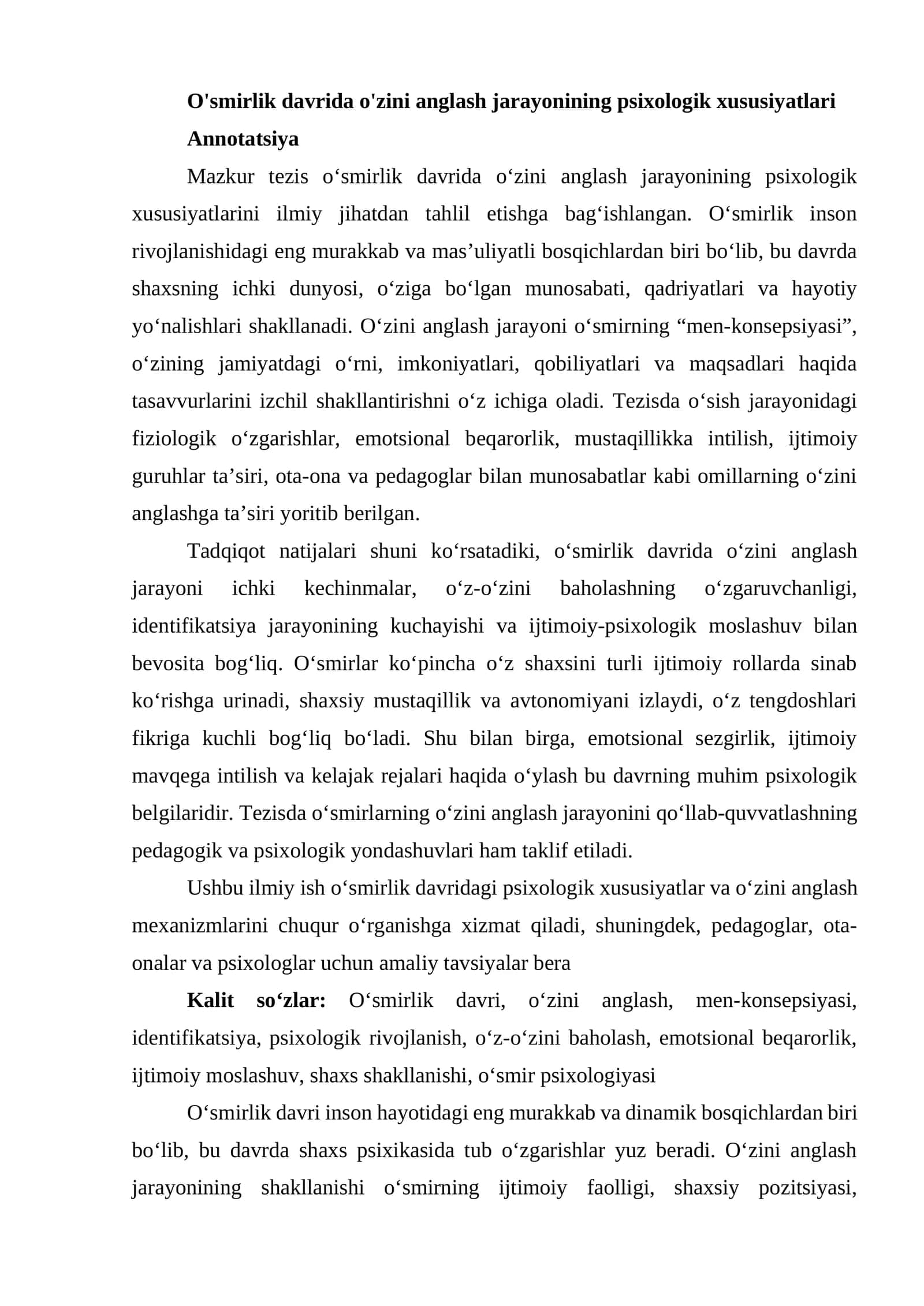 O'smirlik davrida o'zini anglash jarayonining psixologik xususiyatlari