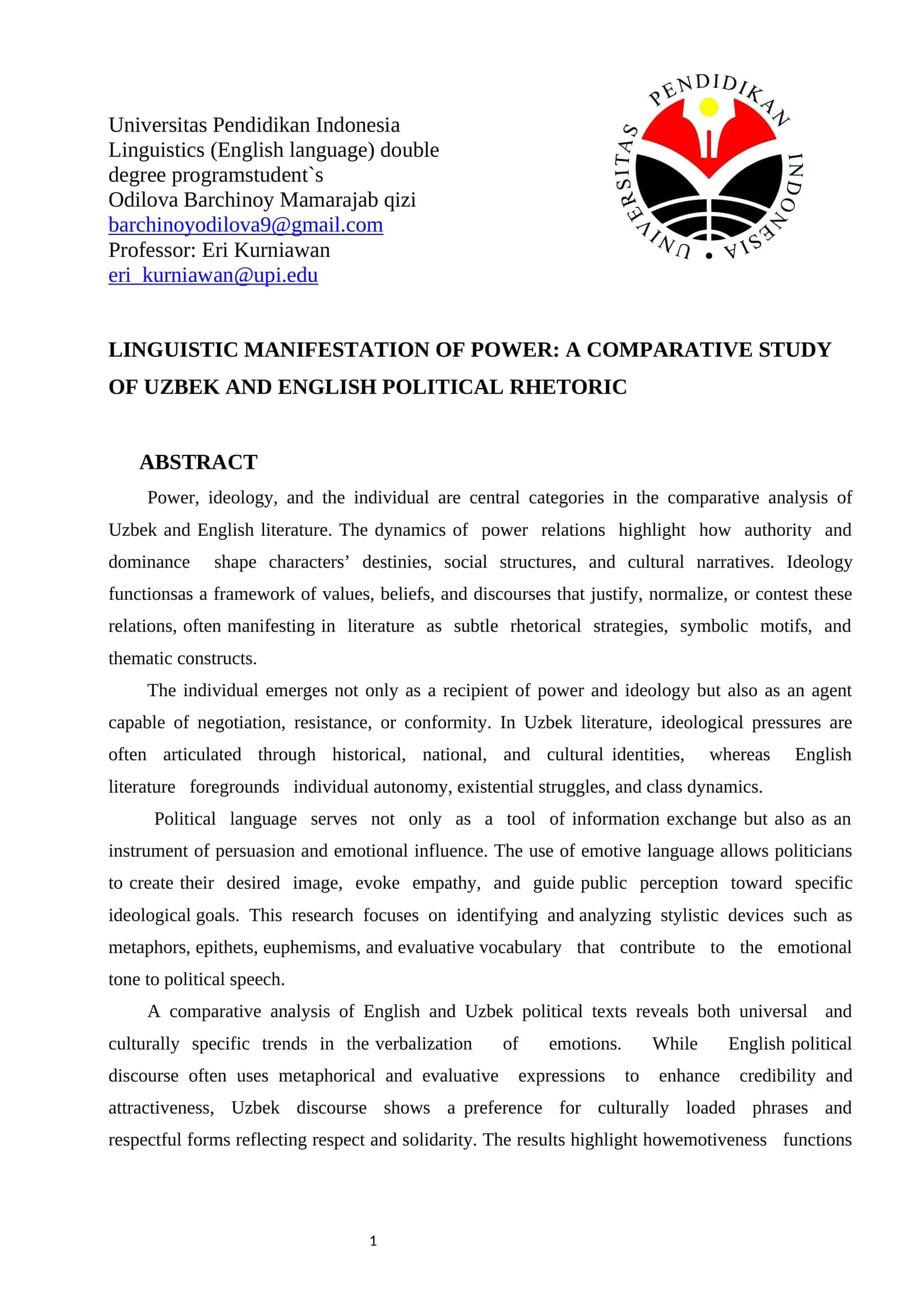 LINGUISTIC MANIFESTATION OF POWER: A COMPARATIVE STUDY OF UZBEK AND ENGLISH POLITICAL RHETORIC