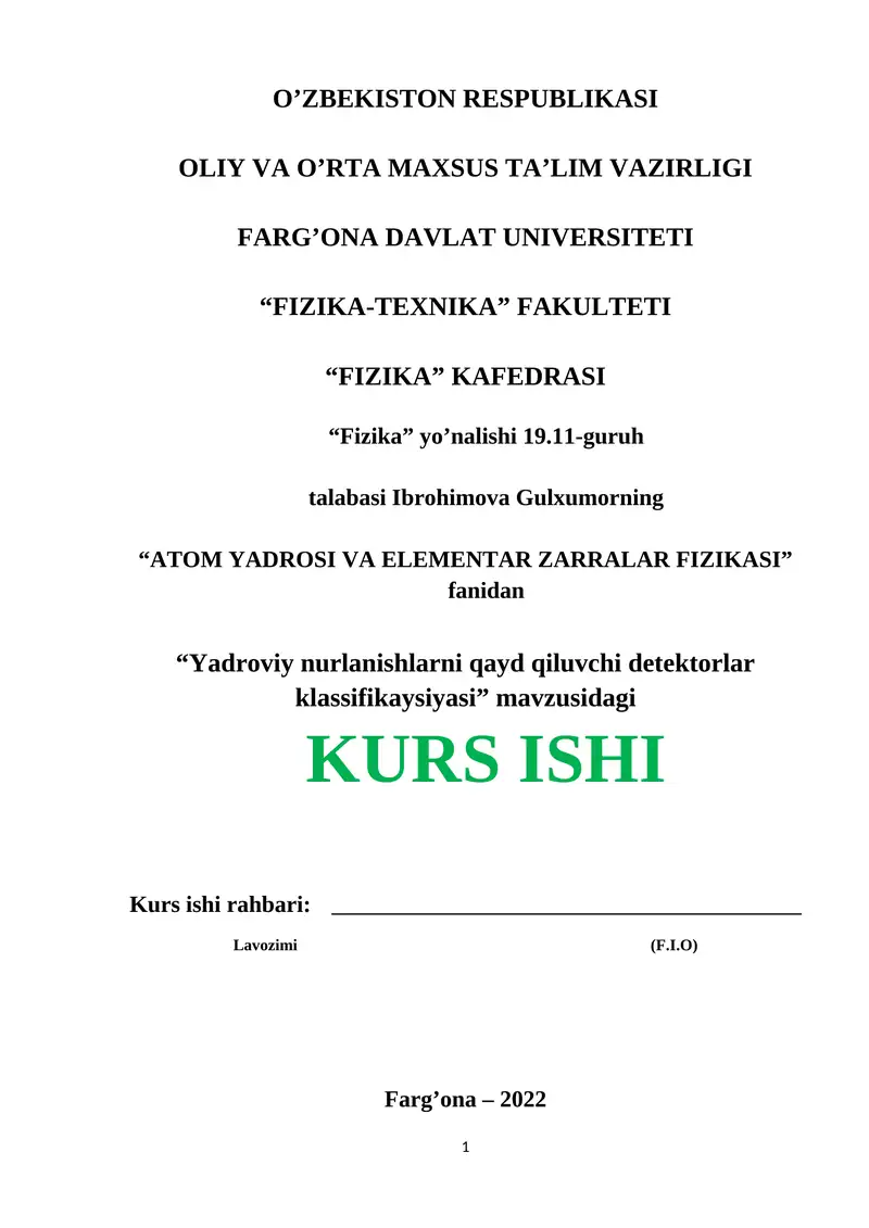 YADROVIY NURLANISHLARNI QAYD QILUVCHI DETEKTORLAR KLASSIFIKAYSI