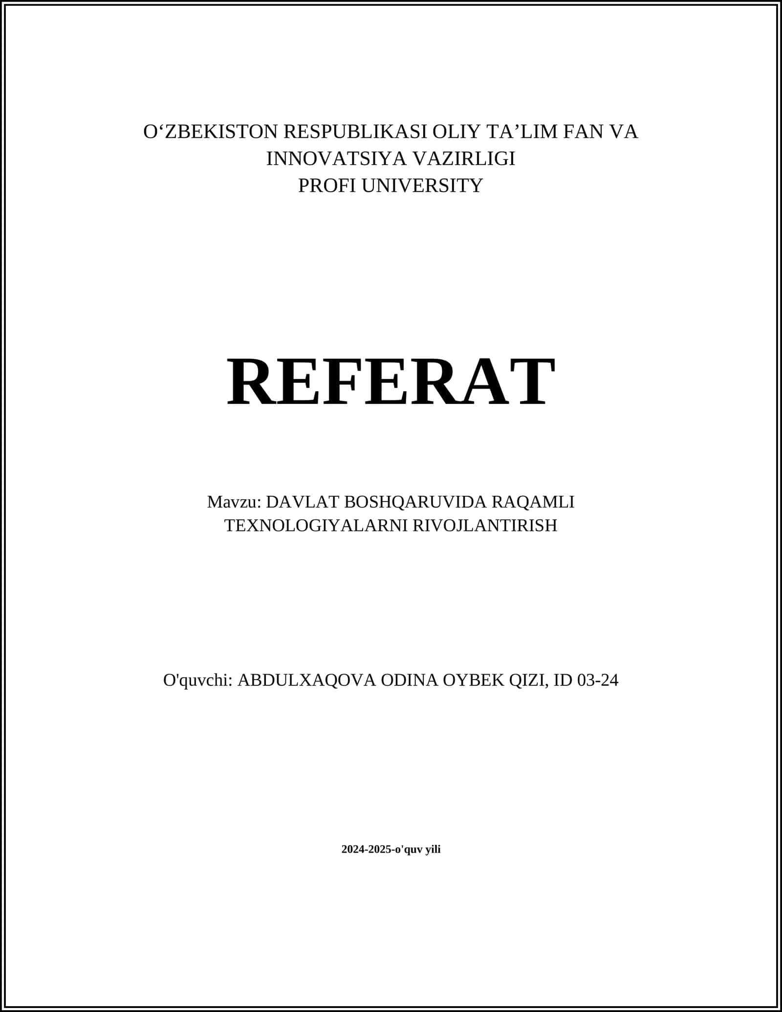 DAVLAT BOSHQARUVIDA RAQAMLI TEXNOLOGIYALARNI RIVOJLANTIRISH