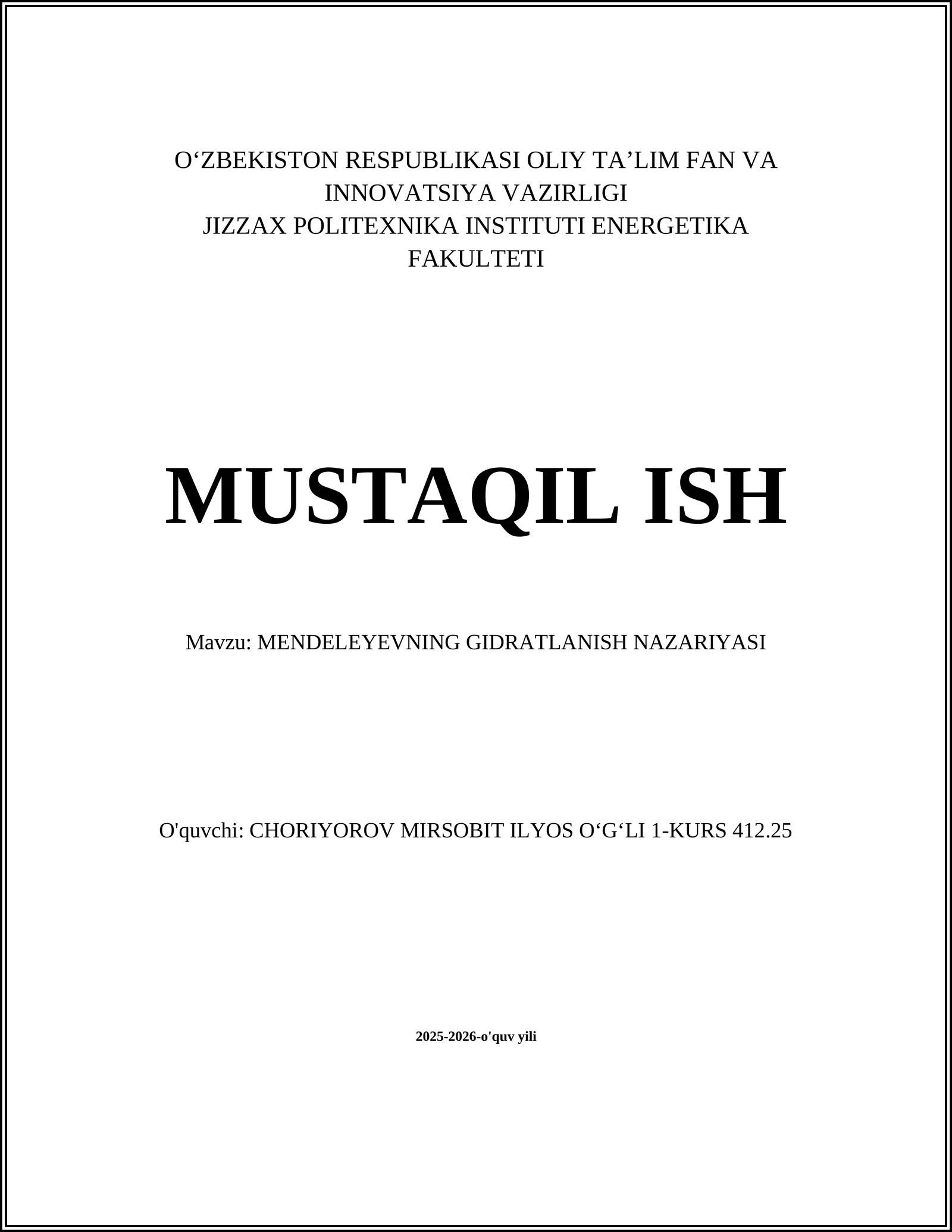 MENDELEYEVNING GIDRATLANISH NAZARIYASI