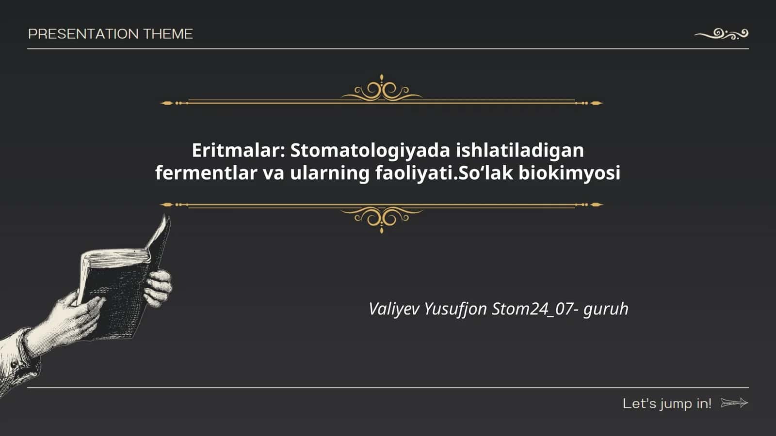 Eritmalar: Stomatologiyada ishlatiladigan fermentlar va ularning faoliyati.Soʻlak biokimyosi