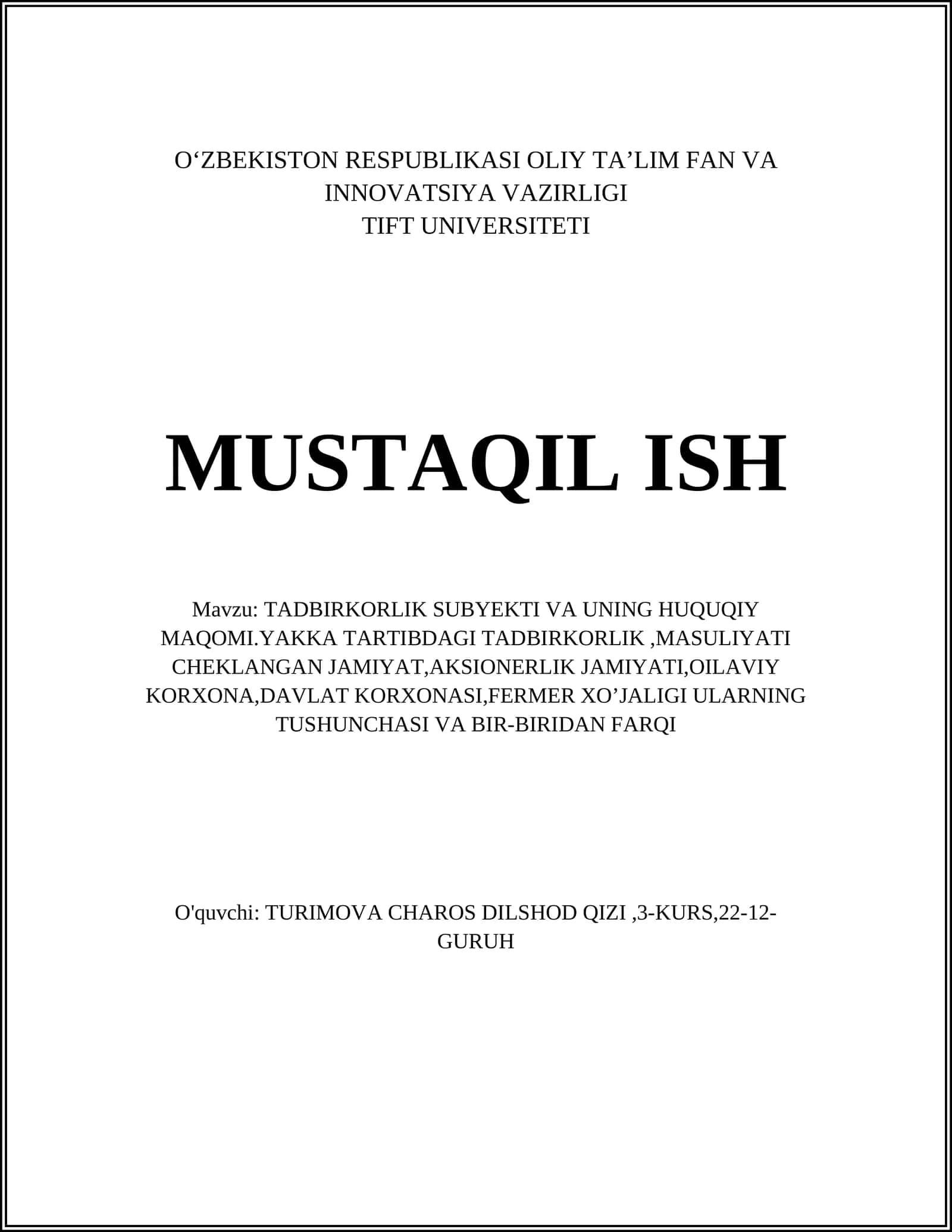 Tadbirkorlik subyekti va uning huquqiy maqomi