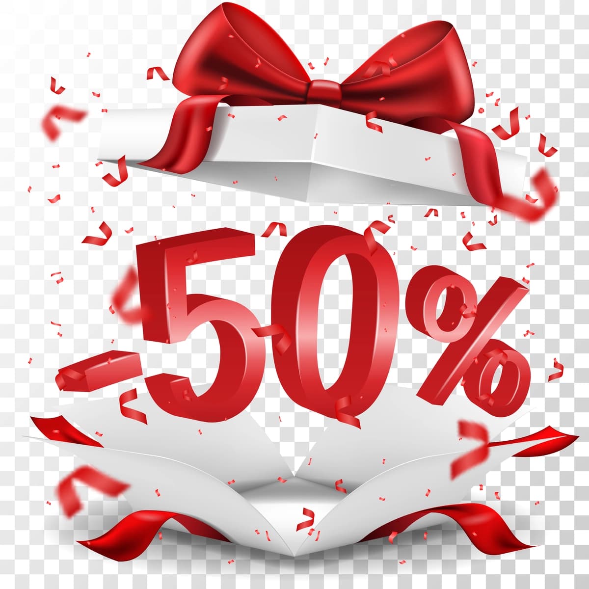 Ochiq sovg'a qutisi qizil kamonli oq sotuvda 50 chegirmali vektor tasviri | Open gift box with red bow isolated white sale 50 off vector illustration