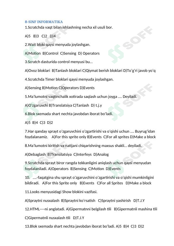 8-sinf informatika testlar