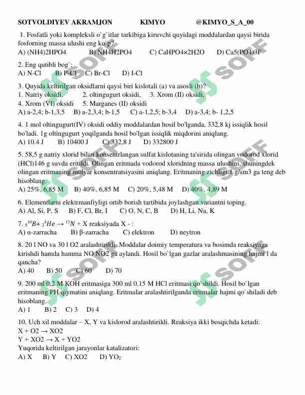 Mega kimyo Olimpiada savollari va javoblari