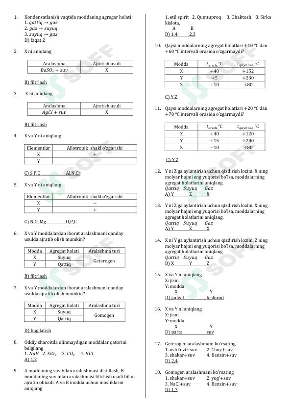 Kimyo fannidan test to'plami