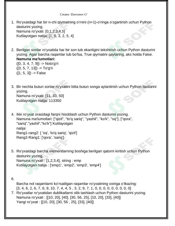 Python dasturlash tilida  List if str  mavzularida masalalar