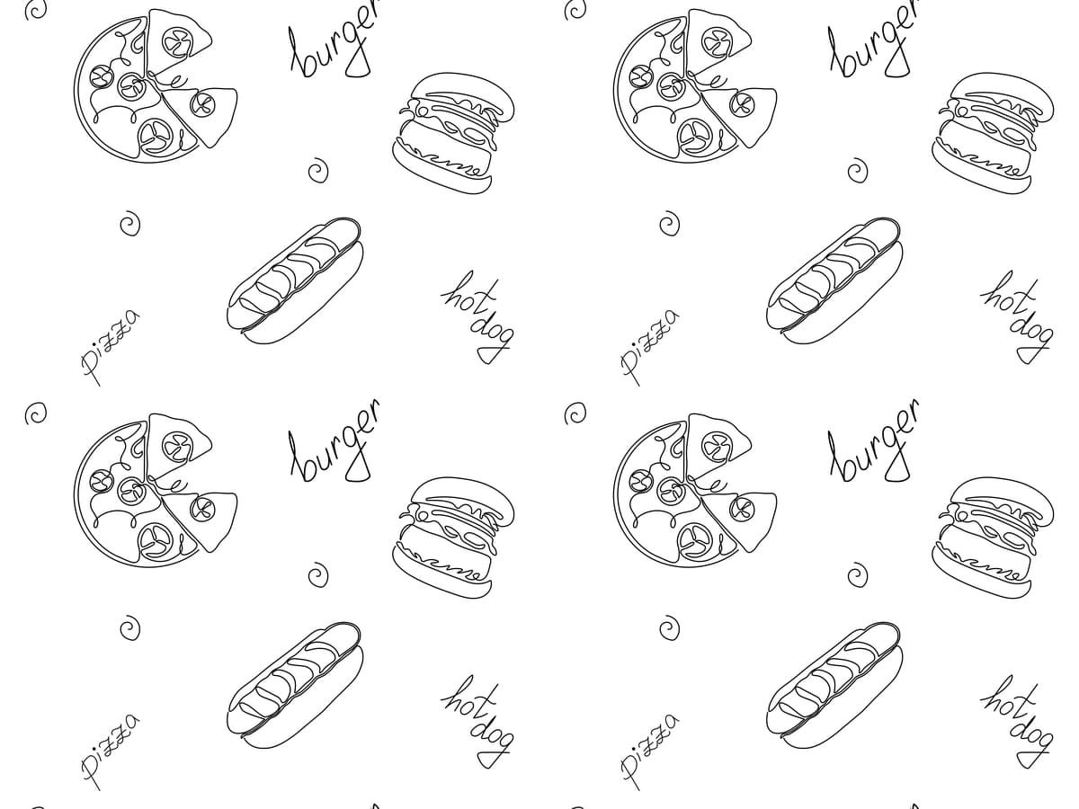 Choksiz doodle naqshli tez tayyorlanadigan pizzaxot gamburger uzluksiz | Seamless doodle pattern fast food pizzahot dog hamburger continuous