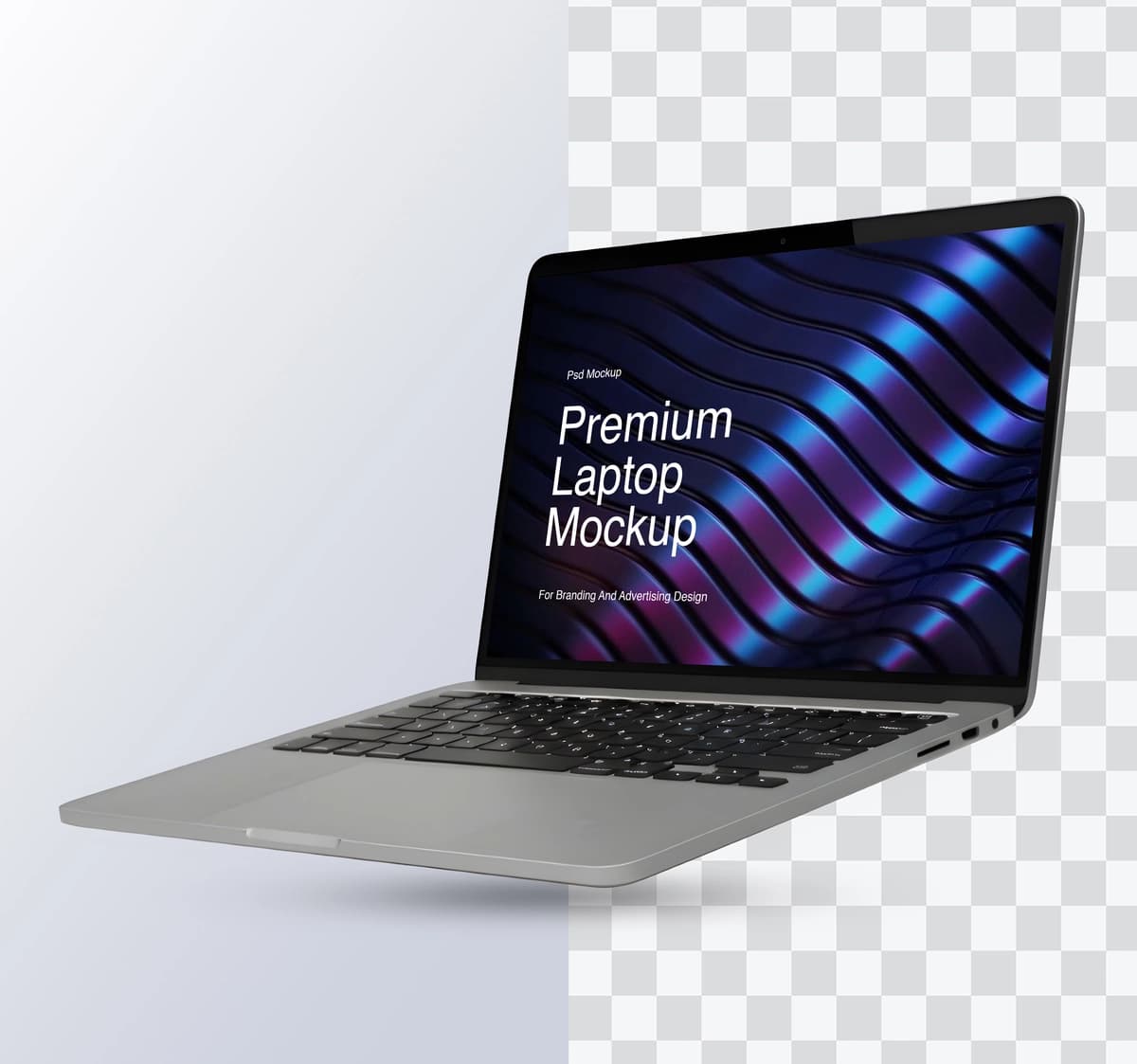 Mavhum to'lqinsimon ekranli premium noutbuk maketi | Premium laptop mockup with abstract wavy screen