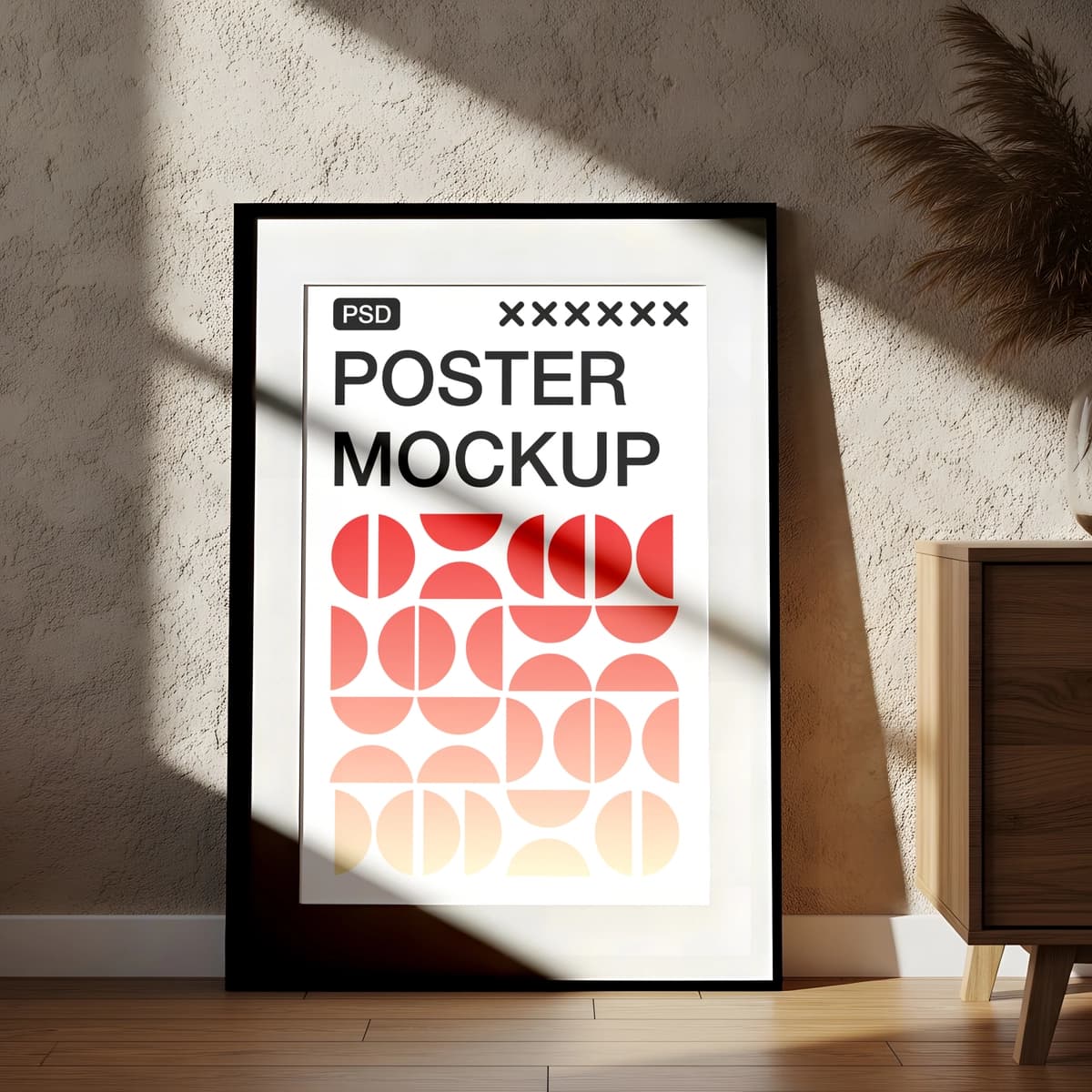 Quyoshli mavhum geometrik san'at asari tushirilgan realistik ramkali plakat maket | Realistic framed poster mockup with abstract geometric art sunny