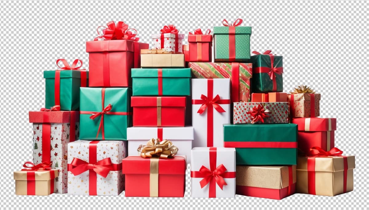 Yig'ilgan tog' kabi qoziqli sovg'a qutilari bayramona Rojdestvo sovg'alarini taqdim etadi | Pile gift boxes as stacked mountain presents festive christmas gifts