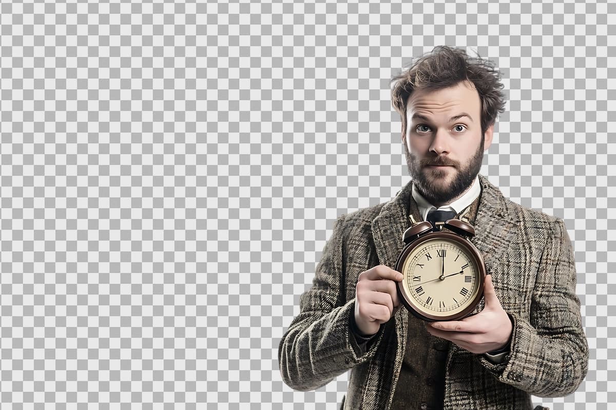 Shaffof fon budilnikli odam | Man with alarm clock transparent background