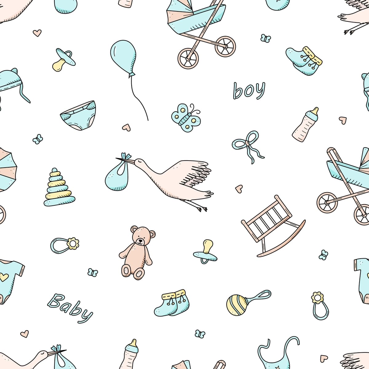 Choksiz naqshli yangi tug'ilgan chaqaloq piktogrammalari to'plami o'g'il bola vektor illyustratsiyasi | Seamless pattern newborn icons set baby boy vector illustration