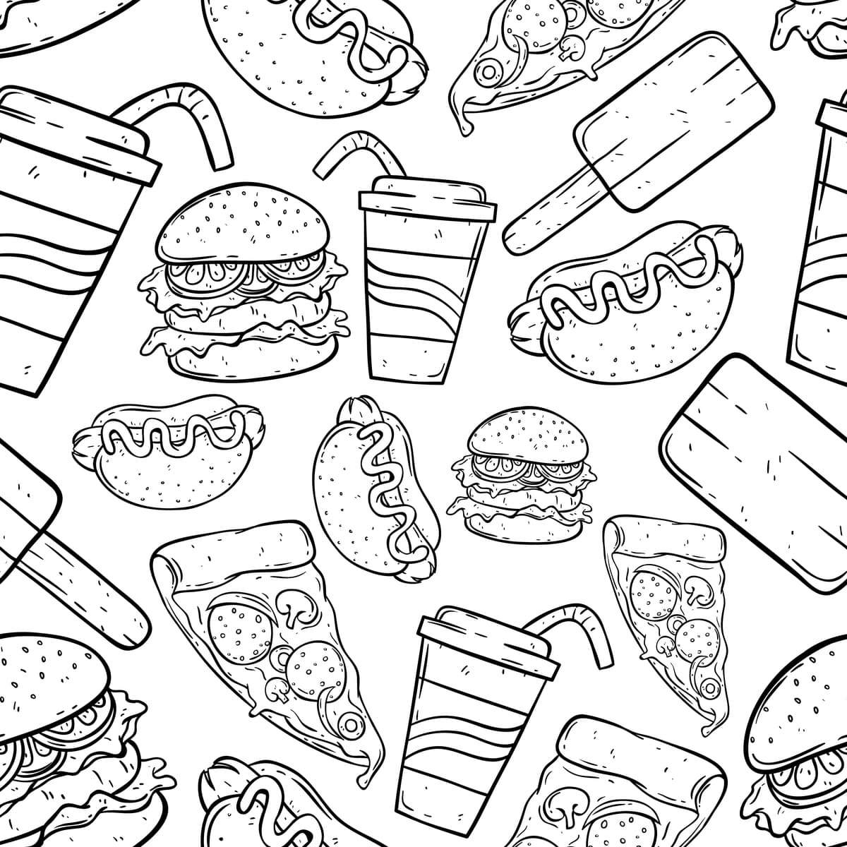 Arzimas oziq-ovqat qo'lda choksiz naqsh chizilgan | Junk food hand drawing seamless pattern