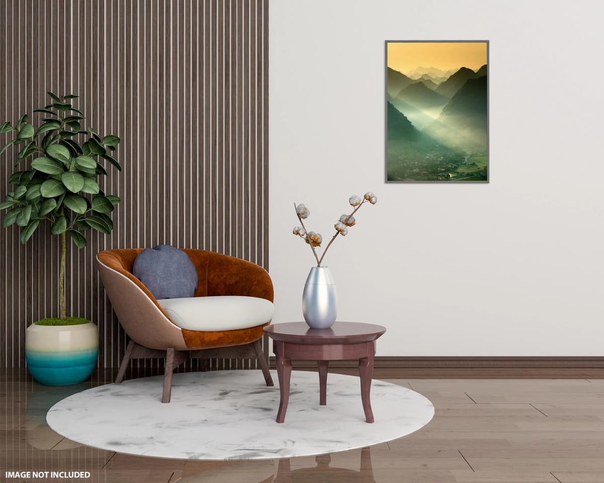 Bo'sh devor bilan zamonaviy yashash xonasining ichki dizaynini soxta plakat | Mock up poster modern living room interior design with empty wall