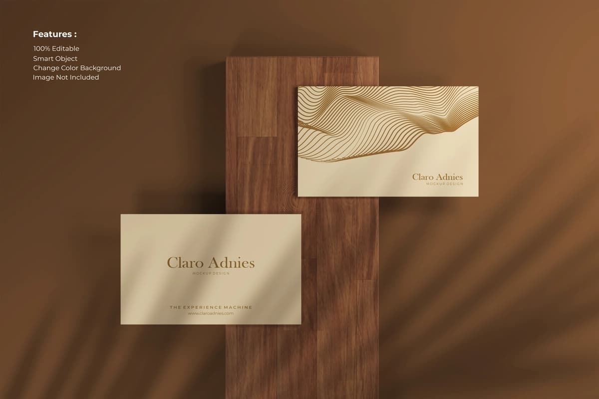 Yuqori ko'rinishdagi oqlangan tashrif qog'ozi maketi yog'och | Top view elegant business card mockup wood