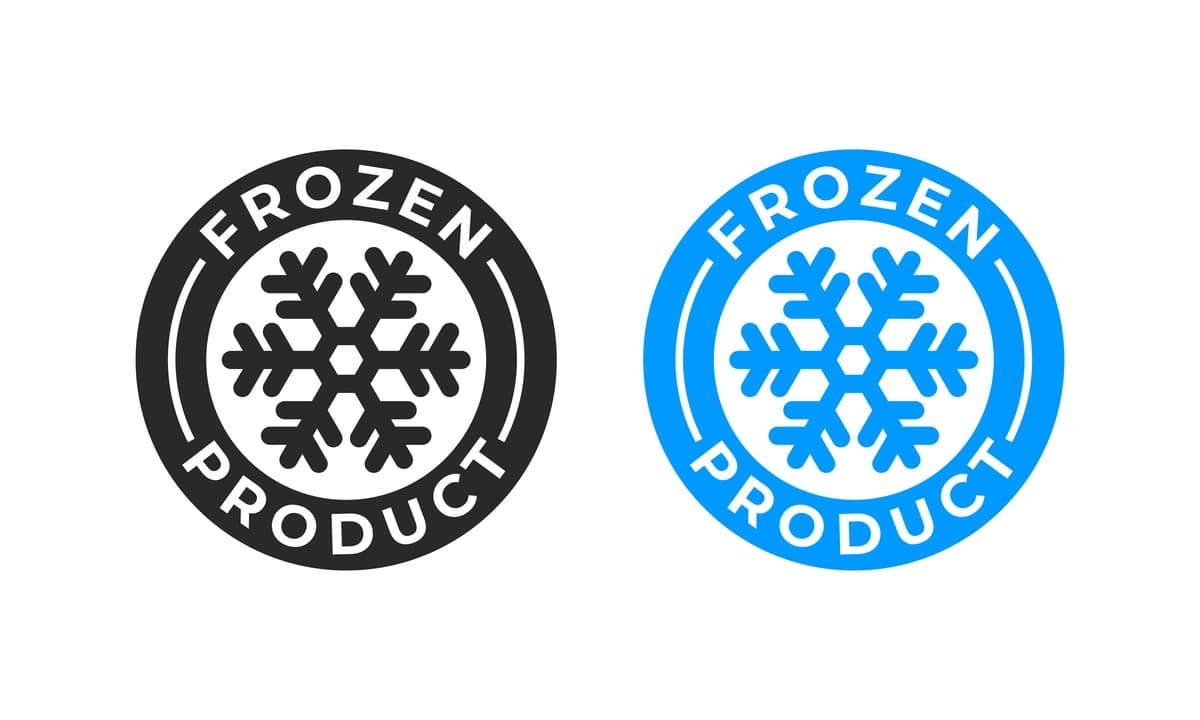 Muzlatilgan mahsulot vektorli oziq-ovqat paketi yorlig'i yangi muzlatilgan mahsulot qor parchasi | Frozen product vector food package label fresh frozen product snowflake