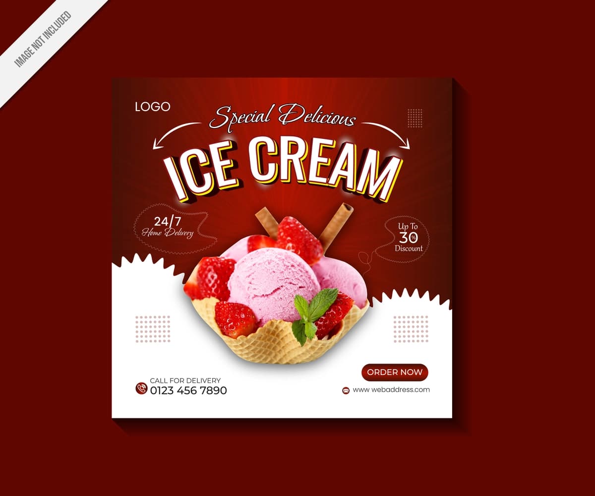 Maxsus mazali muzqaymoq ijtimoiy media banner post dizayn shabloni | Special delicious ice cream social media banner post design template