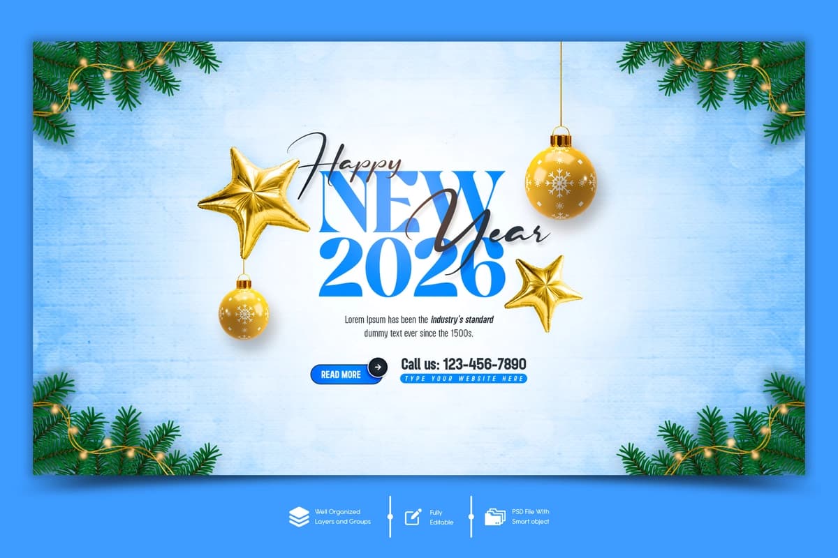 Yangi yilingiz bilan 2026 veb-banner dizayni shabloni | Happy new year 2026 celebration web banner design template