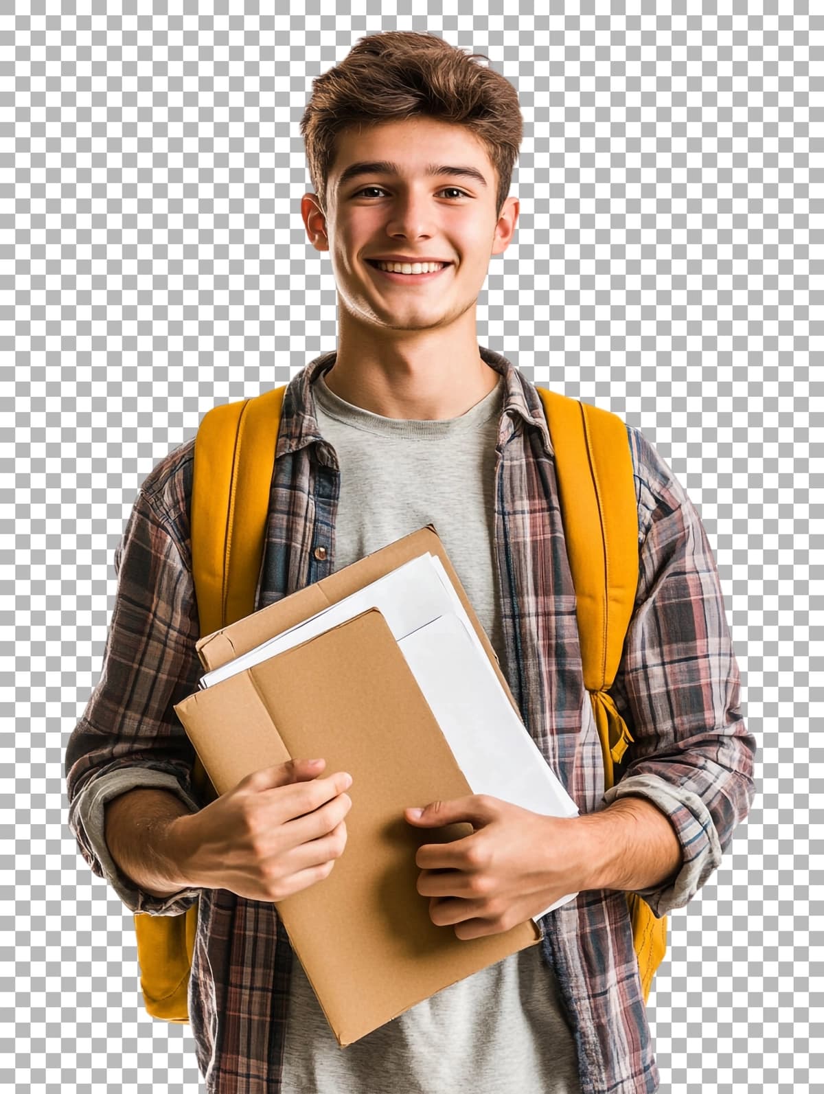 Shaffof fonda hujjatlarni ushlab turgan jilmayuvchi erkak talaba PNG | Png smiling male student holding documents against transparent background