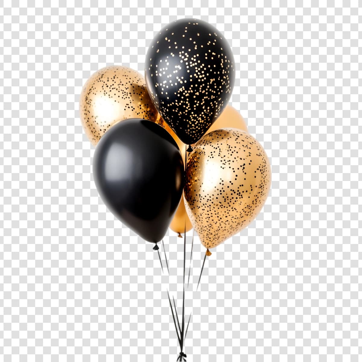 Qora oltin sharlar bir-biriga to'plangan bayram munosabati bilan shaffof | Black gold balloons clustered together festive occasion transparent