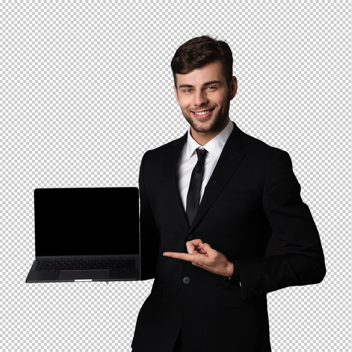 Quvnoq yosh ishbilarmon odam noutbuk kompyuterini ko'rsatmoqda | Cheerful young business man showing display laptop computer