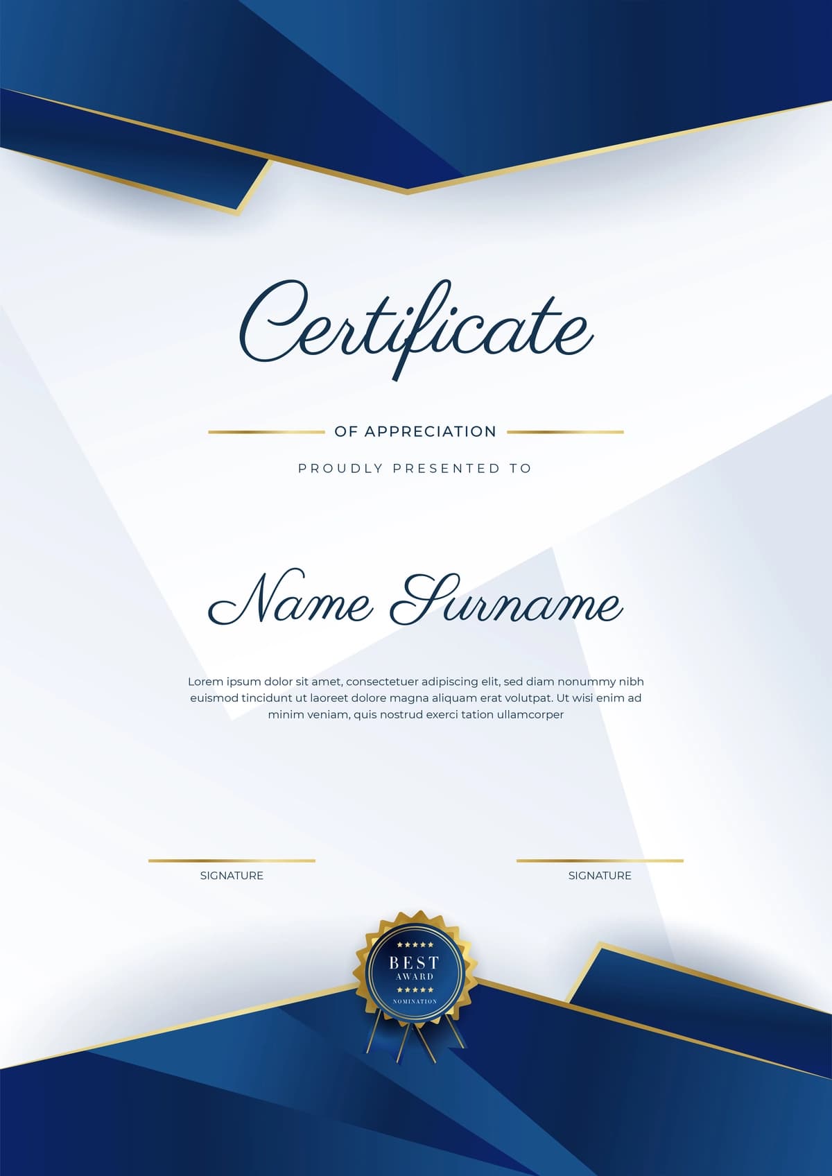 Oltin bilan zamonaviy oqlangan ko'k oltin sertifikat yutuqlari shablon | Modern elegant blue gold certificate achievement template with gold