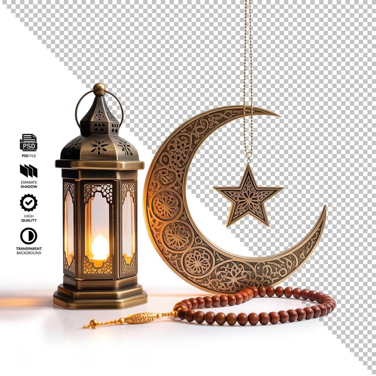 Psd oltin islomiy fonar hilol oy yulduz namozi ramazon | Psd golden islamic lantern crescent moon star prayer beads ramadan
