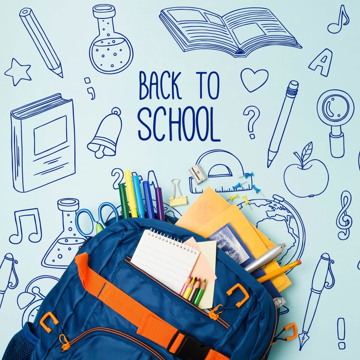 Yuqori ko'rinishdagi ko'k maktab sumkasi | Top view blue school bag with supplies