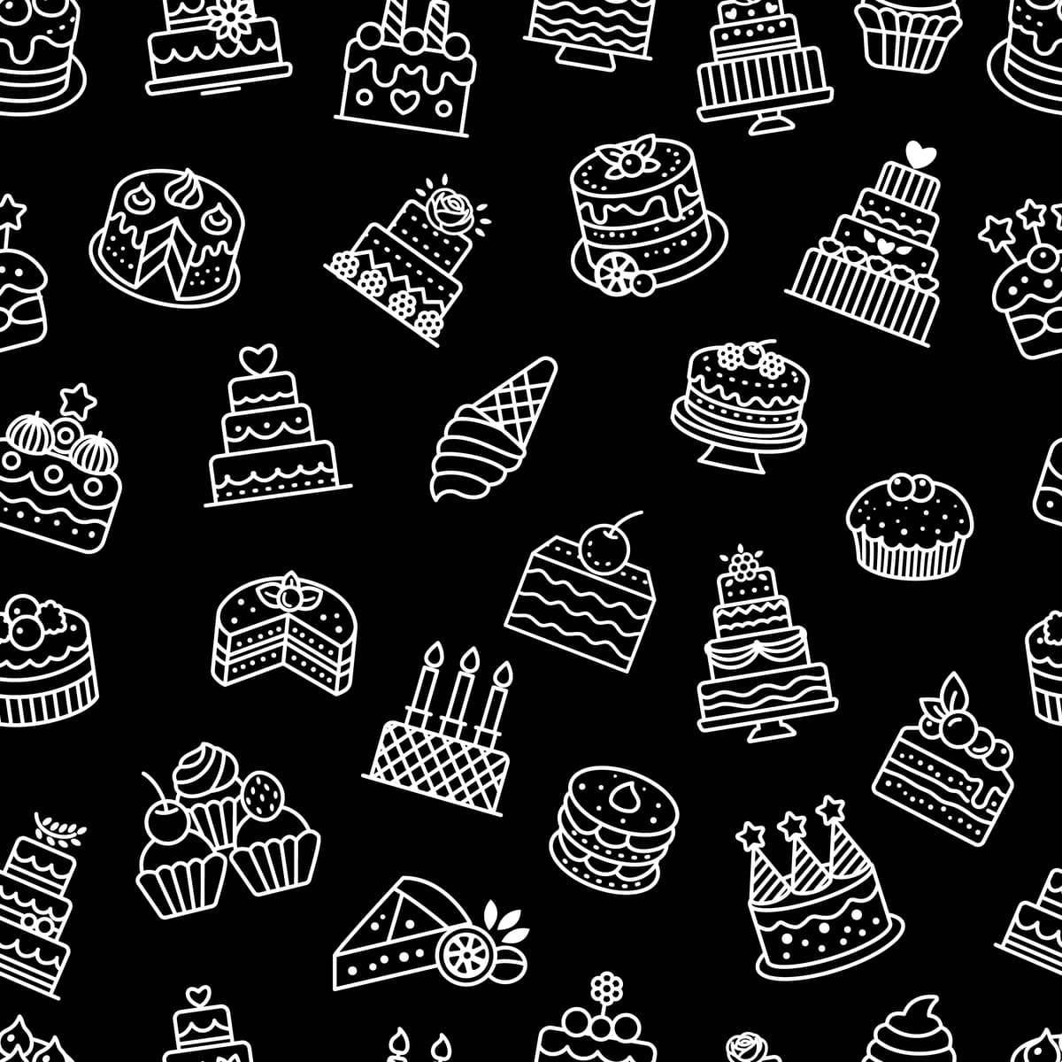 Choksiz naqshli tort desert piktogrammalari qora fon vektor tasviri | Seamless pattern cake dessert icons black background vector illustration