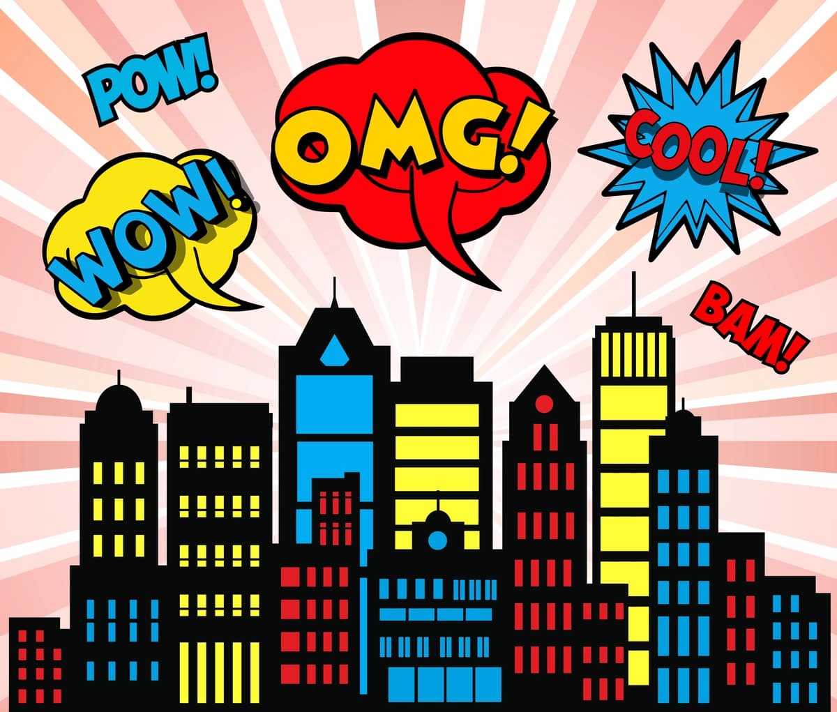 Komikslar uslubidagi grafikalar bilan portlovchi shahar silueti | City skyline exploding with comic book style graphics
