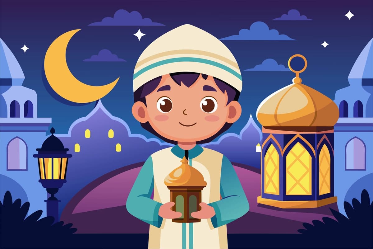 Yulduzli osmon bilan Ramazonni nishonlayotgan fonarni quvonch bilan ko‘tarib olgan bola | Child joyfully carries lantern celebrating ramadan starry sky with