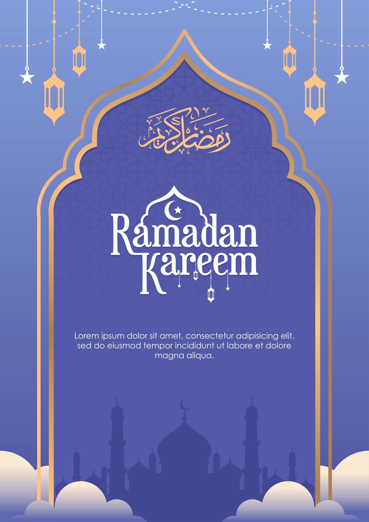 Masjid chiroqlari bilan Ramazon karim tabrik plakati | Ramadan kareem greeting poster with mosque lanterns