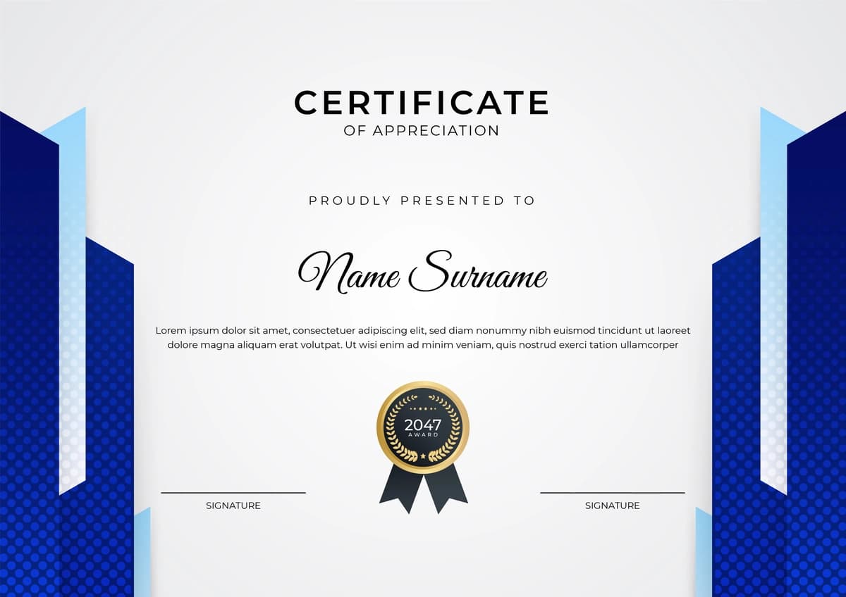 Sertifikat yutug‘i oltin nishonli ko‘k shablon dizayni | Certificate achievement blue template design with gold badge border