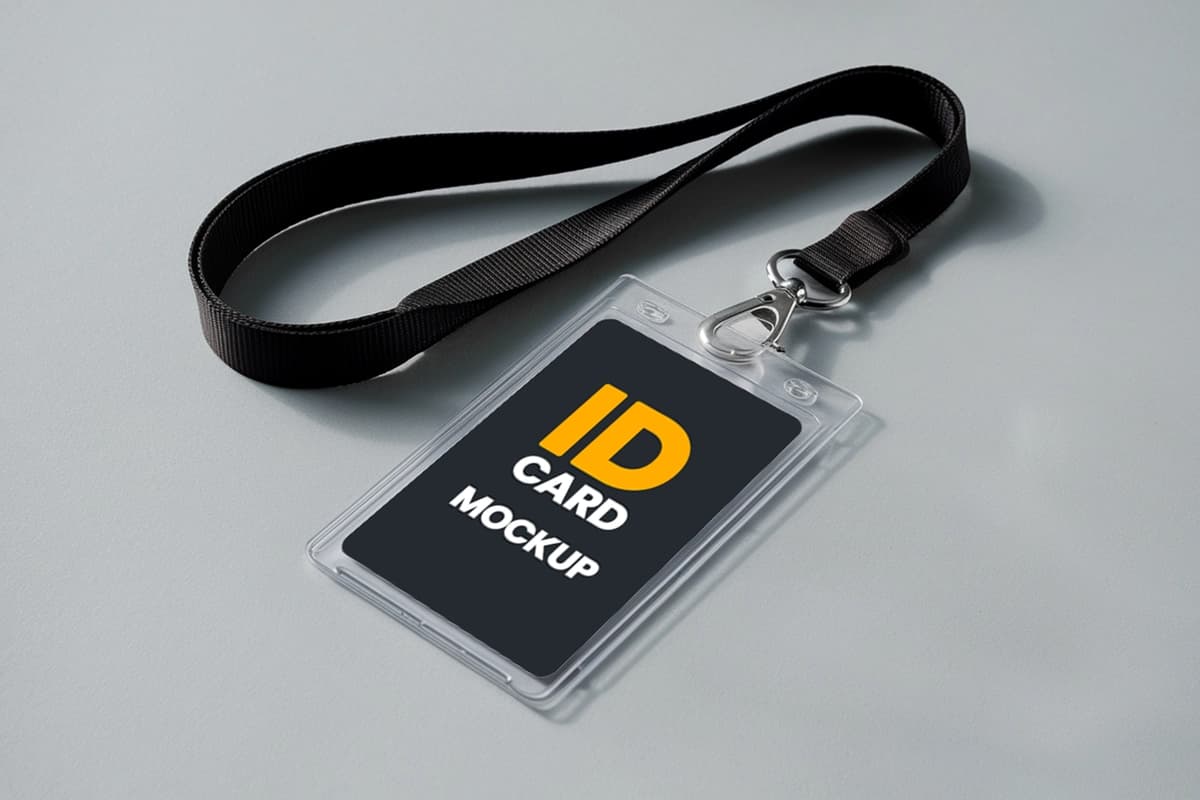 Toza yorug'lik fonida joylashtirilgan lanyardli professional identifikator kartasi maketi | Professional id card mockup with lanyard placed clean light background
