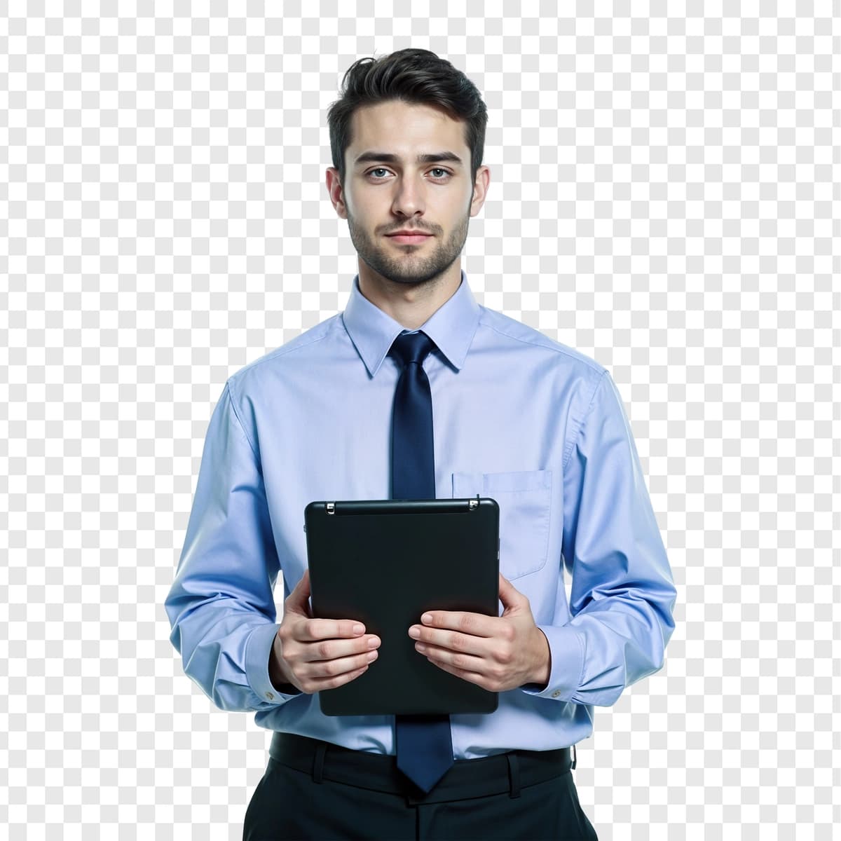 Bufer bilan ishonchli biznesmen | Confident businessman with clipboard