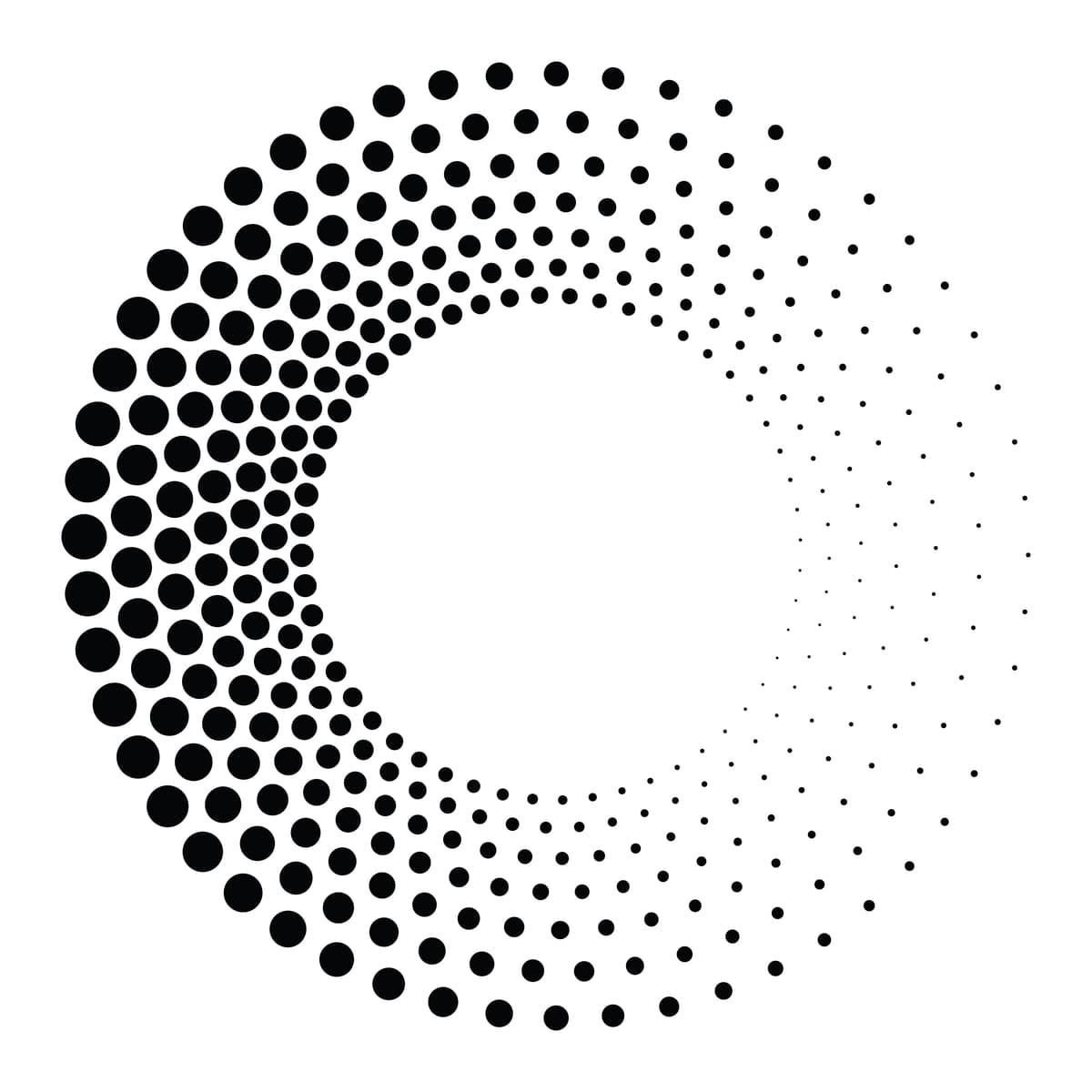 Qora dumaloq yarim tonli tekstura nuqtali radiusli aylanma tornado shaklidagi gradient | Black round halftone texture dotted radial swirl tornado shape gradient