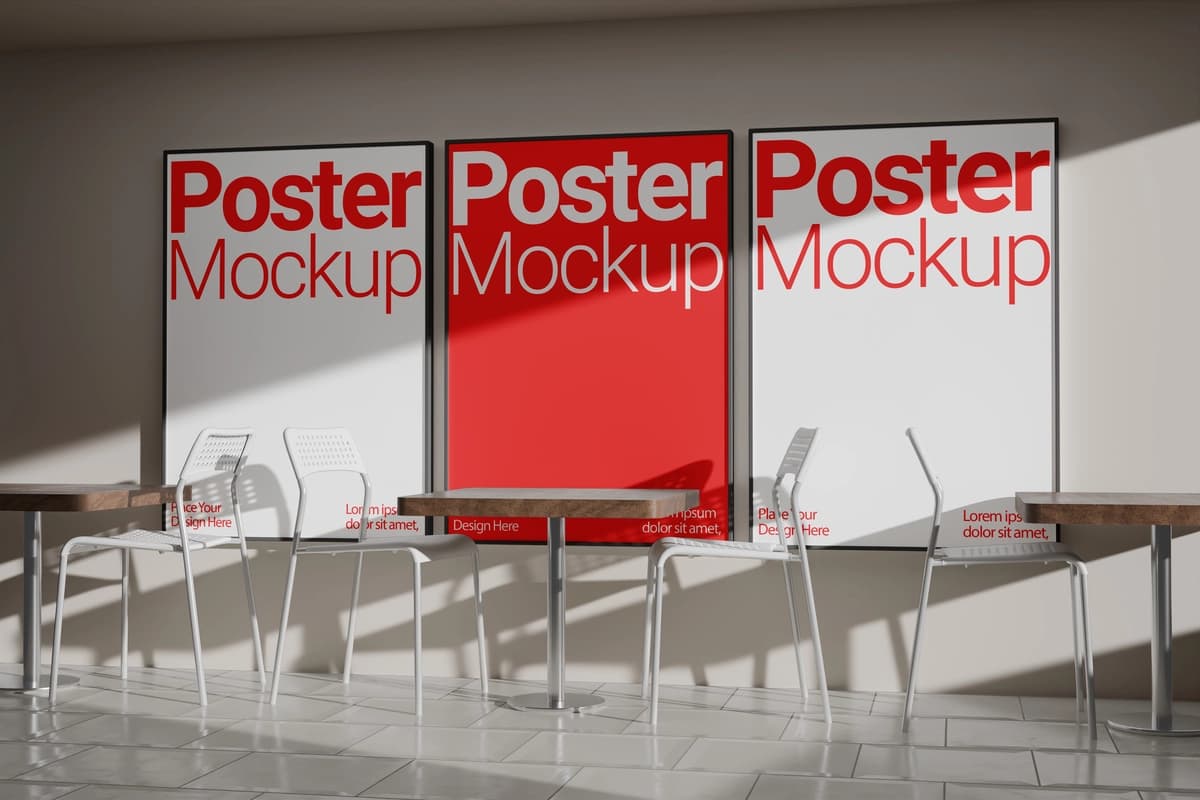 Zamonaviy kafelar uchun uchta vertikal poster maketi | Three vertical poster mockups modern cafe setting