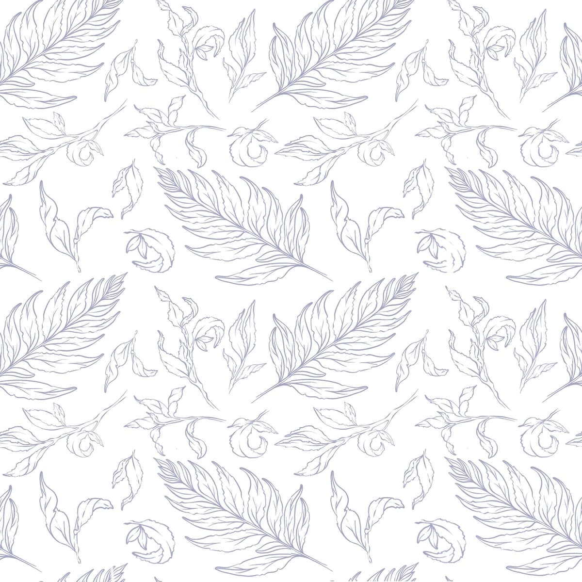 Turli xil oq barglarni o'z ichiga olgan botanik binafsha kontur naqshlari | Botanical purple outline pattern featuring various leaves white