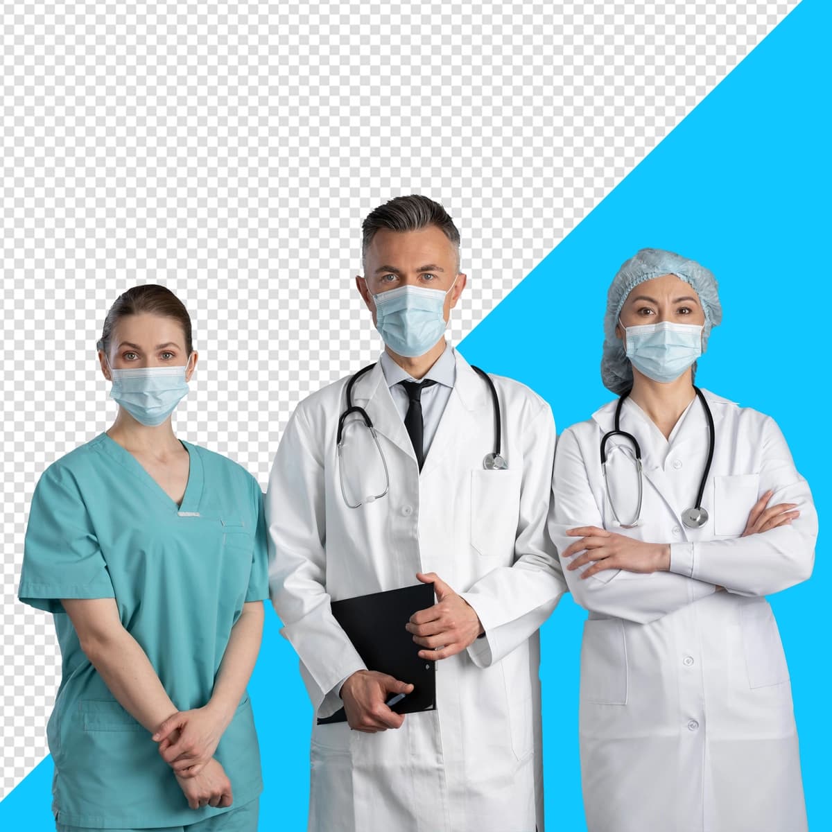 Psd uchta shifokor ayol oq xalatli transpsraent bilan oldida turibdi | Psd three doctors woman white coats are standing front with tranpsraent