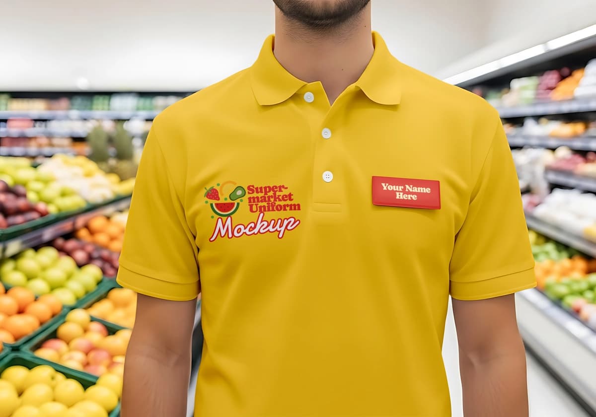 Sariq supermarket polo ko'ylak formasi maketi | Yellow supermarket polo shirt uniform mockup
