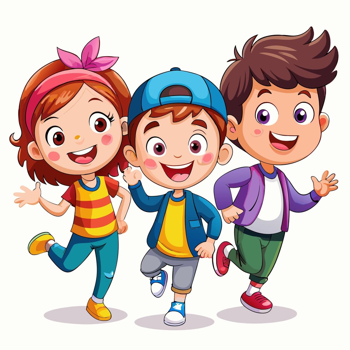 Oq fonda yugurib jilmayib yurgan uchta baxtli multfilm bolasi | Three happy cartoon kids smiling running white background