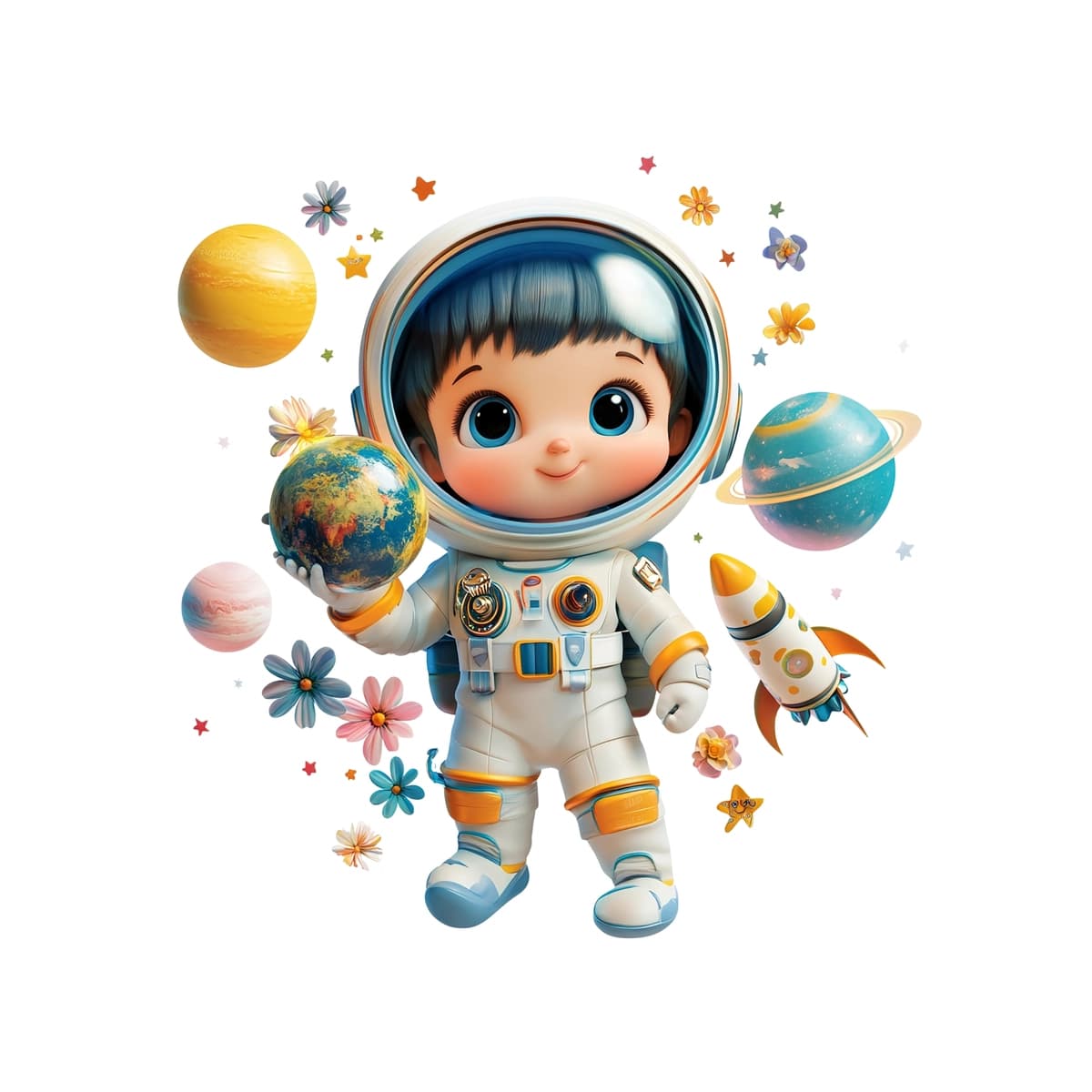 Yoqimli kosmonavt chaqaloq sayyoralar gullari bilan kosmosni kashf etmoqda | Adorable baby astronaut exploring space with planets flowers
